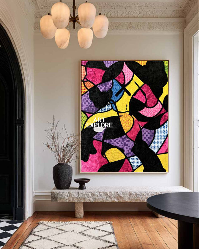 Hand-Painted Abstract Geometric Pop Art Canvas Painting With Pink And Yellow