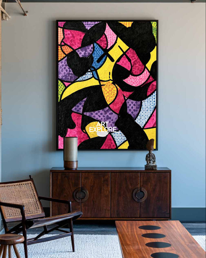 Hand-Painted Abstract Geometric Pop Art Canvas Painting With Pink And Yellow