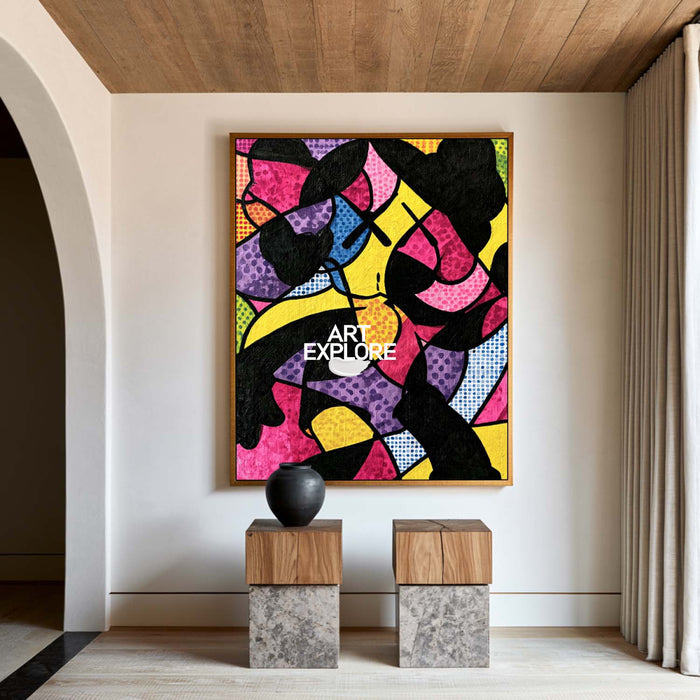 Hand-Painted Abstract Geometric Pop Art Canvas Painting With Pink And Yellow