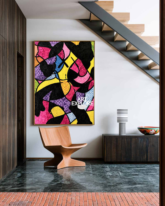 Hand-Painted Abstract Geometric Pop Art Canvas Painting With Pink And Yellow