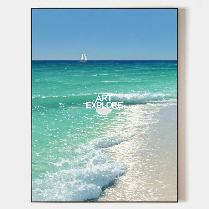 Large Turquoise Ocean Painting Sailboat 3D Impasto Seafoam Art