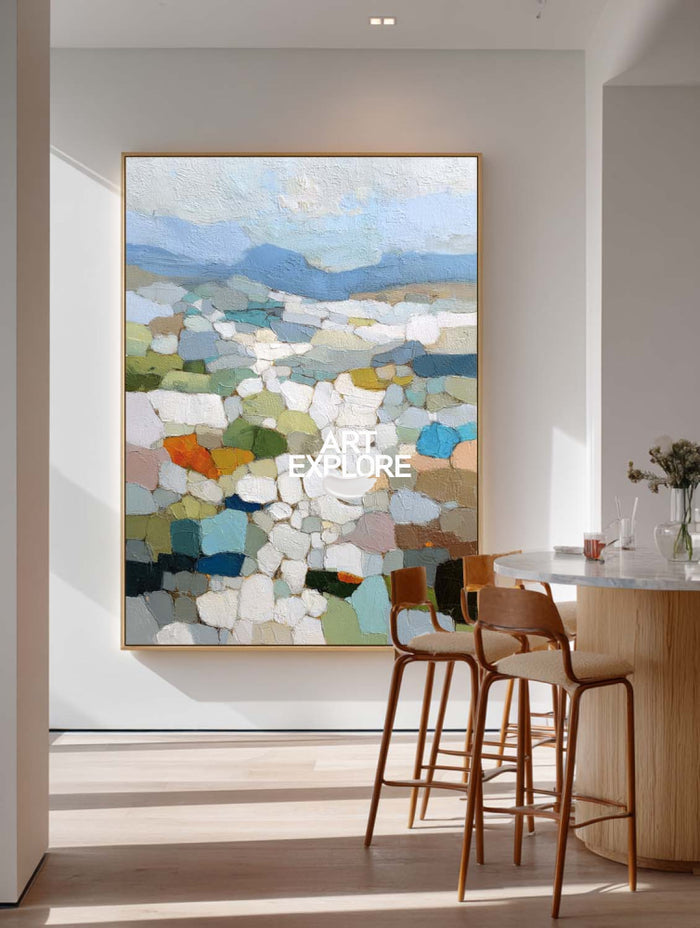 Mosaic Landscape Oil Painting With Textured Brushwork For Modern Living Room Decor