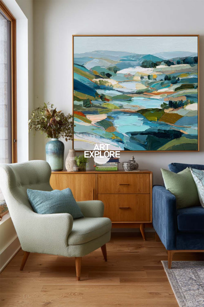 Large Horizontal Mountain Art Print With Textured Brushstrokes For Office Decor