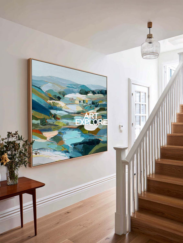 Large Horizontal Mountain Art Print With Textured Brushstrokes For Office Decor