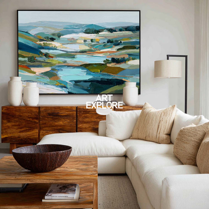 Large Horizontal Mountain Art Print With Textured Brushstrokes For Office Decor