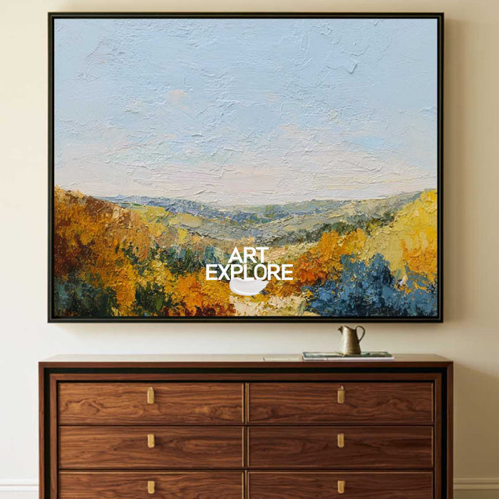 Textured Mountain Landscape Oil Painting With Golden Autumn Colors For Modern Home Decor