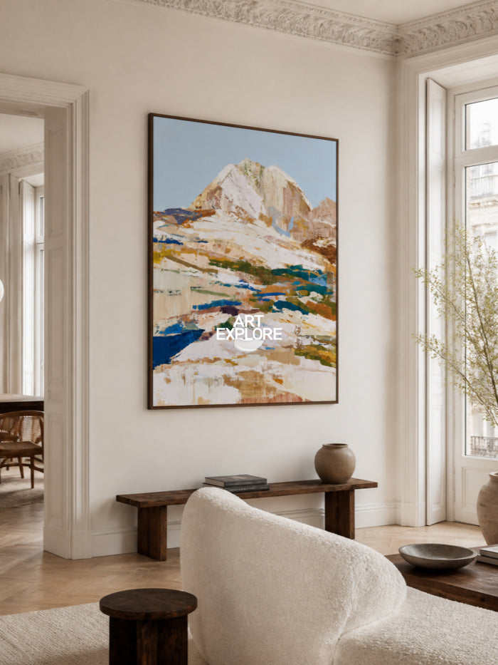 Abstract Mountain Landscape Canvas Painting In Blue And Brown Tones