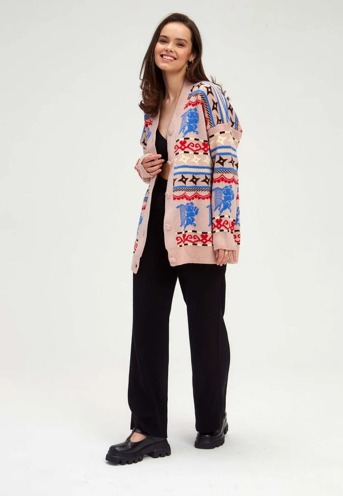 A fashionable multicoloured button-up cardigan, known as the Cupid cardigan, perfect for women's knitwear and adding a trendy touch to your fashion sweater collection.