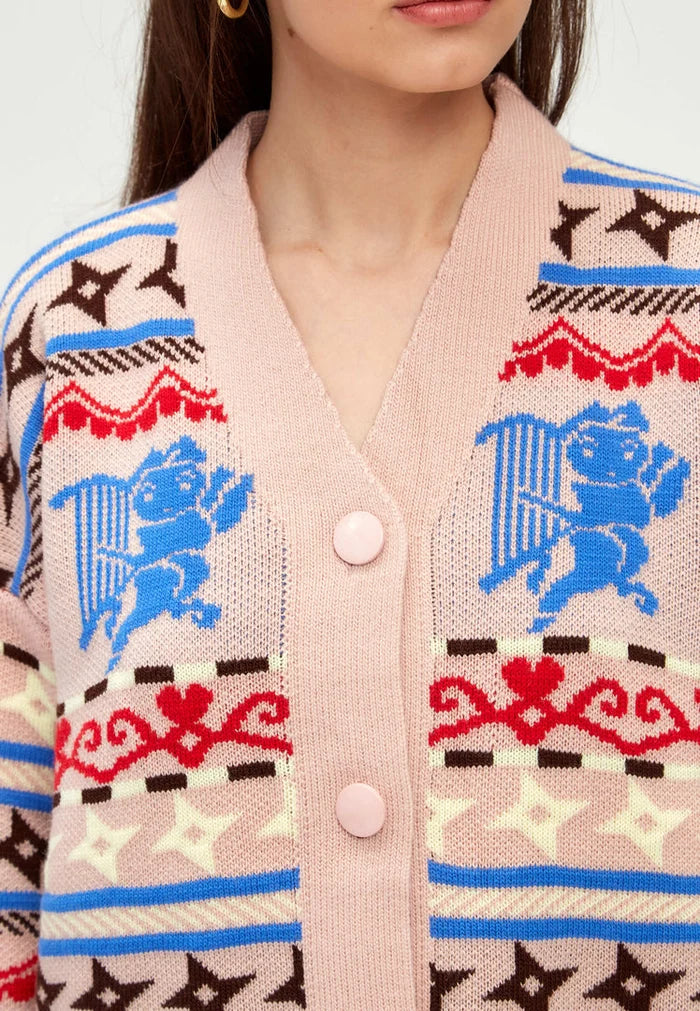 A fashionable multicolored button-up cardigan, perfect for women's knitwear, featuring a cupid design - a must-have fashion sweater.
