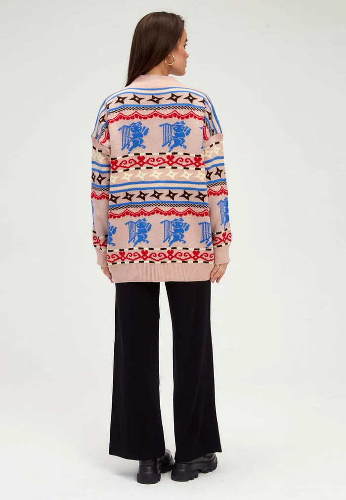 A fashionable multicoloured button-up Cupid cardigan for women's knitwear, the perfect fashion sweater for any outfit.