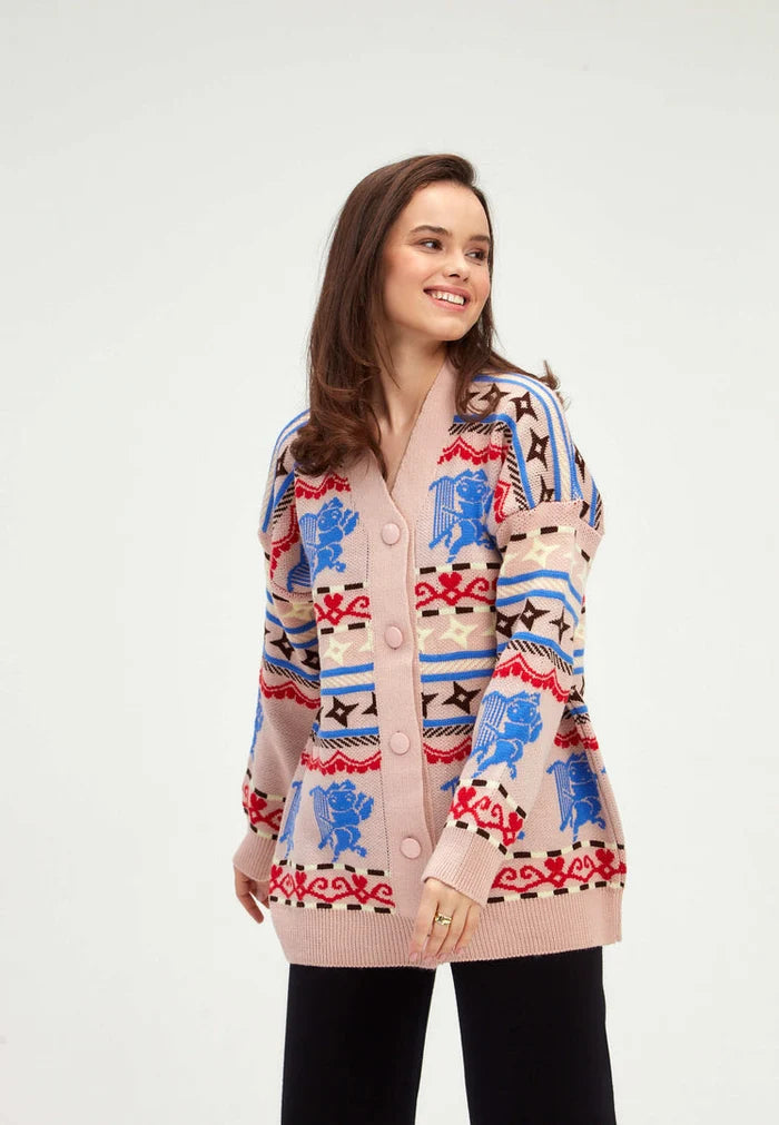 A stylish multicolored button-up "Cupid" cardigan, perfect for women's knitwear fashion sweater.
