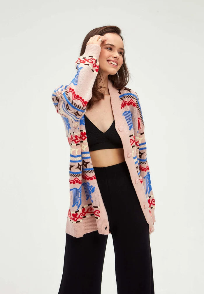 A trendy multicoloured button-up cupid cardigan for women, perfect for adding a pop of style to your knitwear collection.