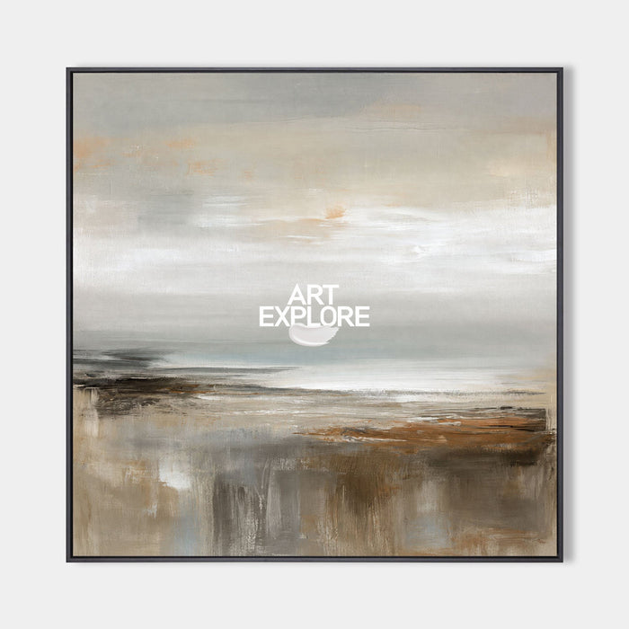 Abstract Textured Square Painting With Neutral Horizon For Modern Living Room Decor