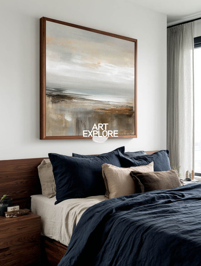 Abstract Textured Square Painting With Neutral Horizon For Modern Living Room Decor