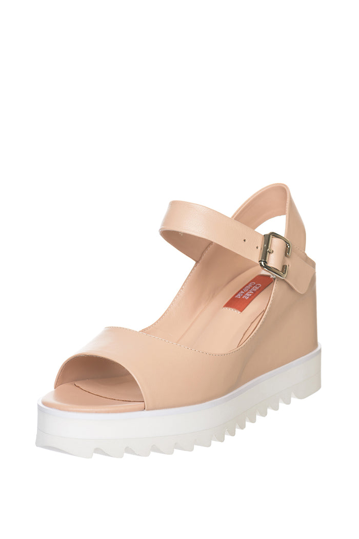 Nude Leather Platform Wedge Sandals