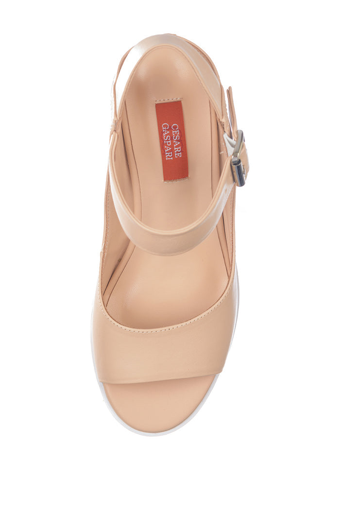 Nude Leather Platform Wedge Sandals