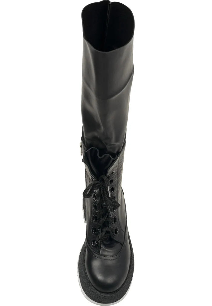 A stylish collection of trendy combat footwear including over-the-knee and knee-high lace-up boots for women's fashion.