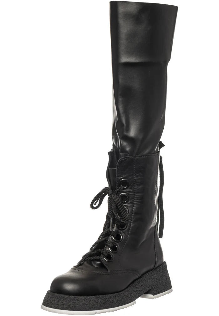 A trendy collection of women's fashion boots including over-the-knee boots, lace-up combat boots, and knee-high lace-up boots.