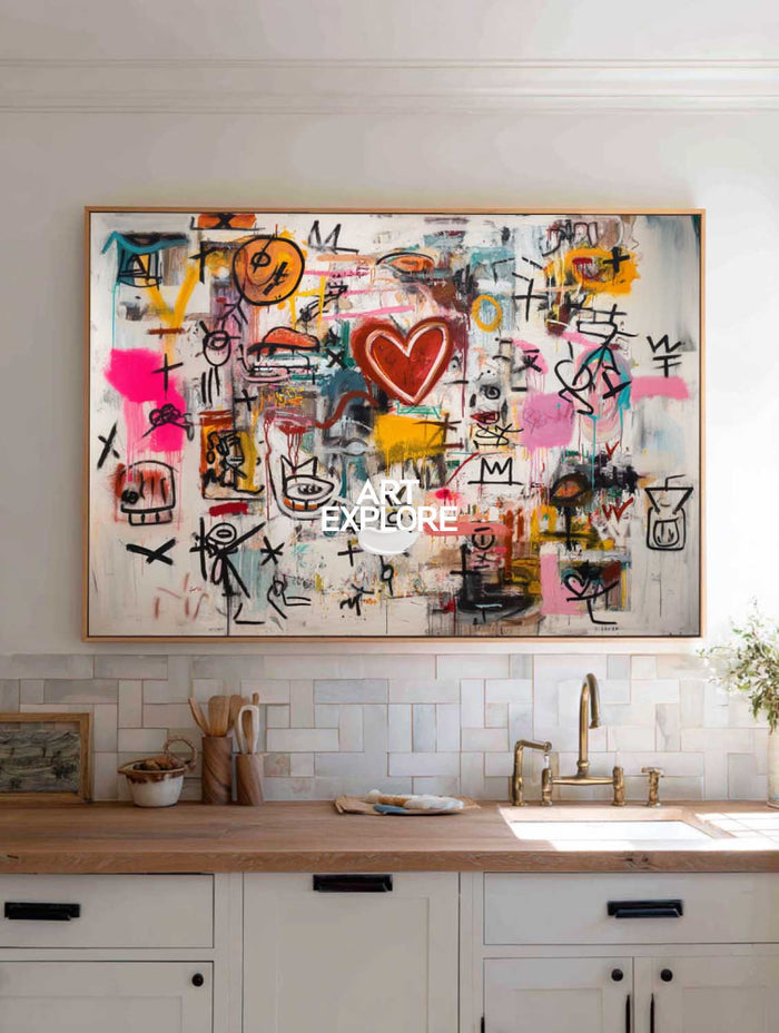 Vibrant Graffiti Abstract Art With Red Heart For Modern Living Room Decor