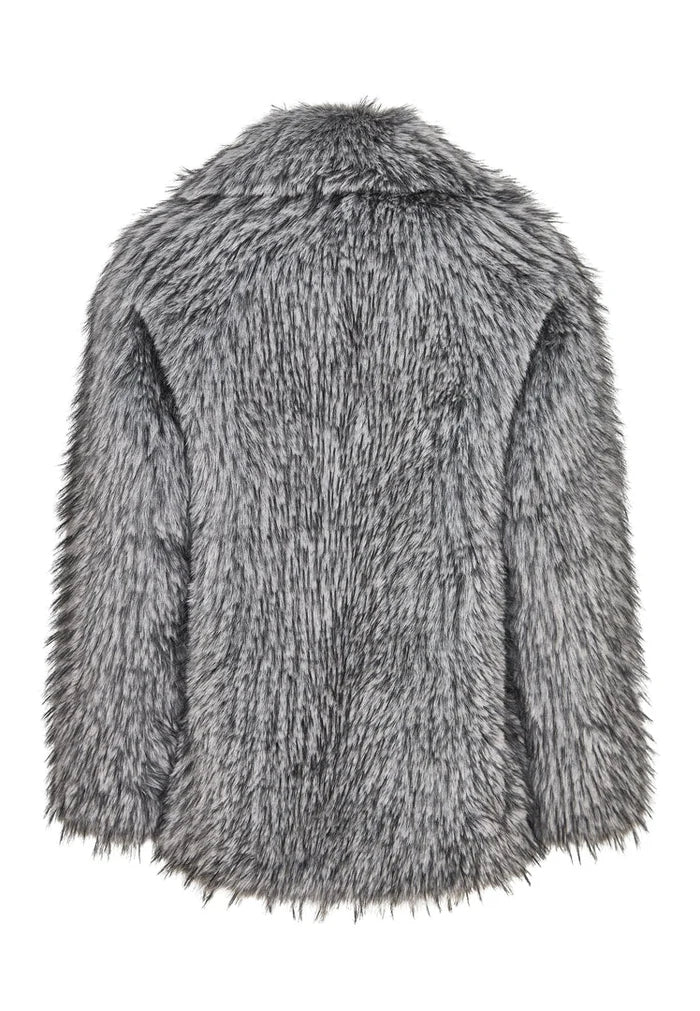 A stylish and elegant grey faux fur coat, the perfect luxurious winter outerwear for women.