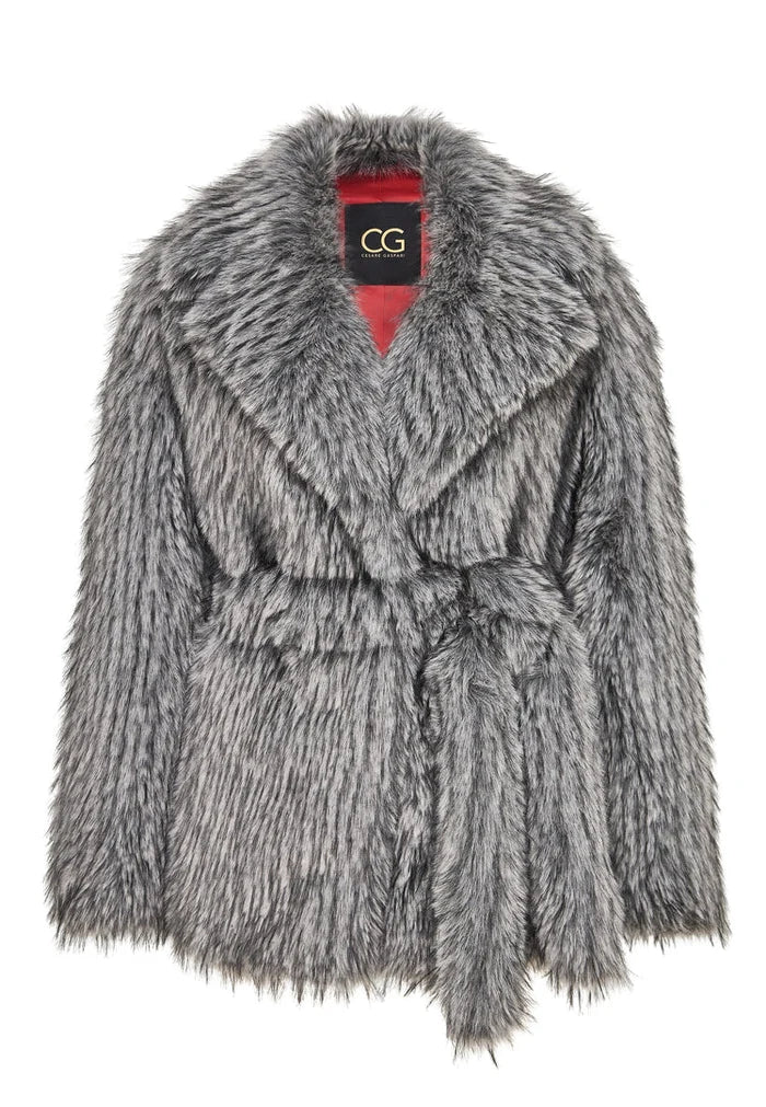 A stylish and elegant grey faux fur coat, a luxurious choice for winter outerwear for women.