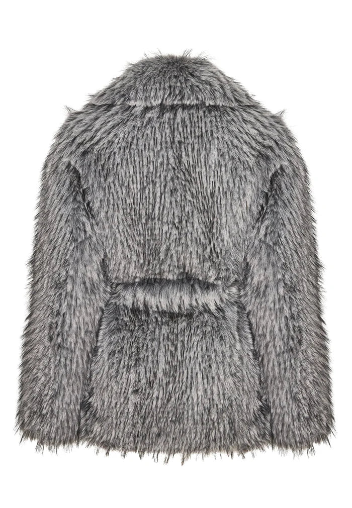 An elegant grey faux fur coat, a luxurious winter outerwear for women, perfect as a grey faux fur jacket, ideal for winter fashion, this women's grey fur coat is a must-have.