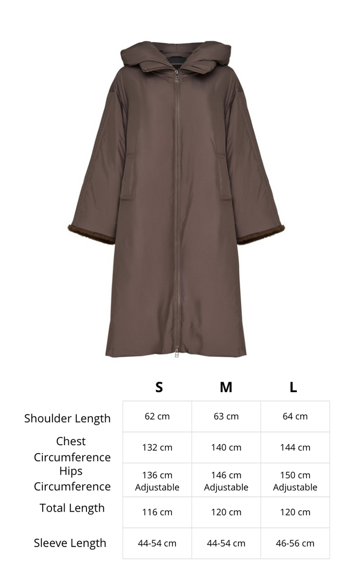 A trendy oversized hooded puffer coat in beige with faux fur cuffs, perfect as women's winter outerwear.