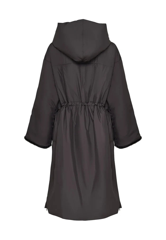 A stylish gray oversized hooded puffer coat with faux fur cuffs, perfect for plus size women's winter fashion.