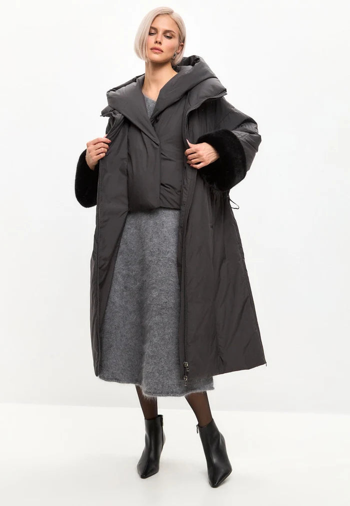 A stylish gray winter coat with an oversized hood, faux fur cuffs, and plus size fit for women's fashion.