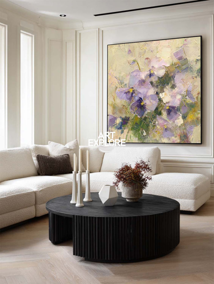 Purple Floral Textured Oil Painting Original Art For Modern Home Decor