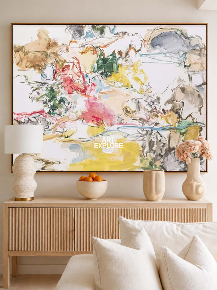 Abstract Pastel Canvas Painting With Yellow Pink Tones For Modern Walls