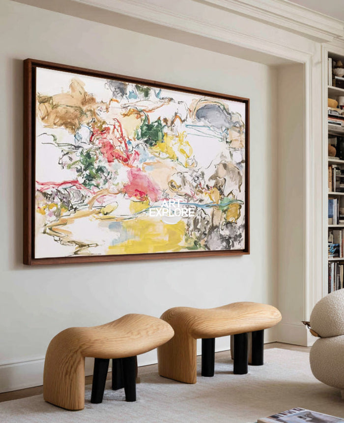Abstract Pastel Canvas Painting With Yellow Pink Tones For Modern Walls