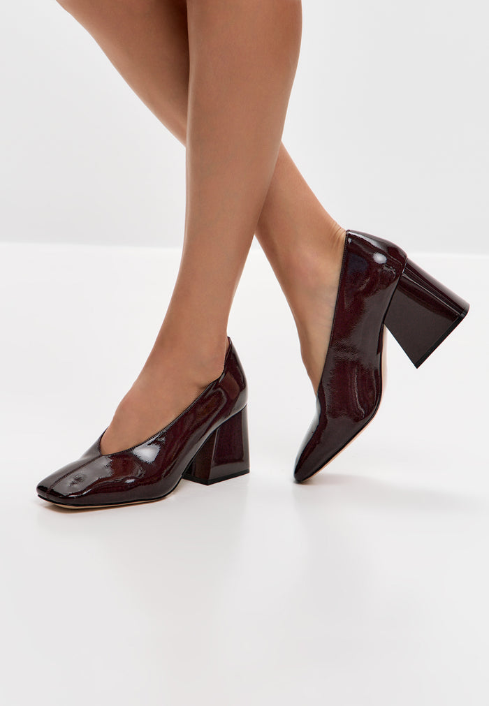 Patent Block Heel Pumps – Burgundy