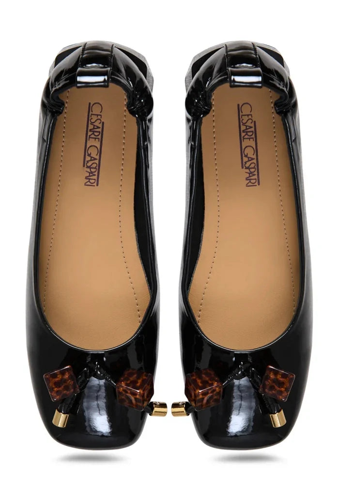 Patent Leather Embellished Ballet Flats - Black