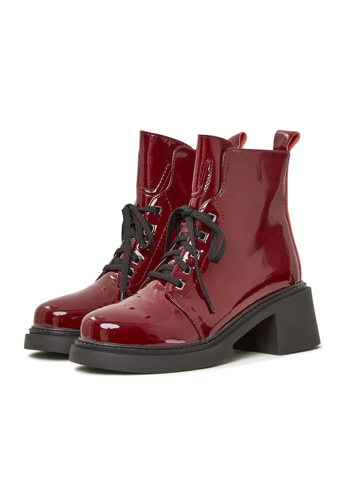 Patent Leather Lace-Up Ankle Boots - Bordeaux