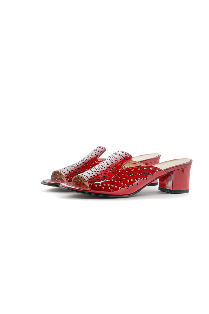 Perforated Block Heel Mules - Red