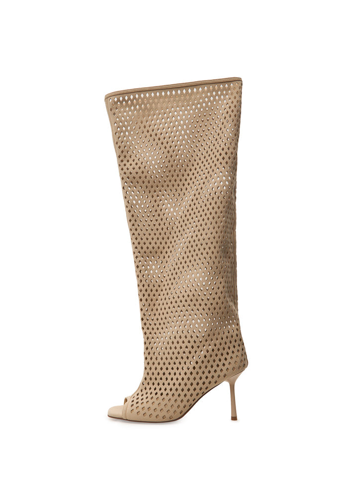 Perforated Knee-High Boots – Beige