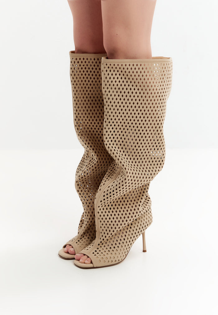 Perforated Knee-High Boots – Beige