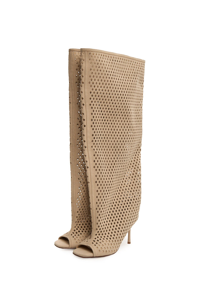 Perforated Knee-High Boots – Beige