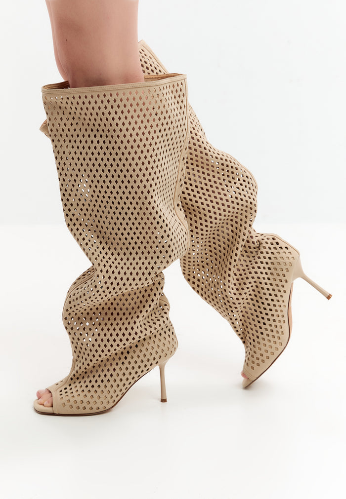 Perforated Knee-High Boots – Beige
