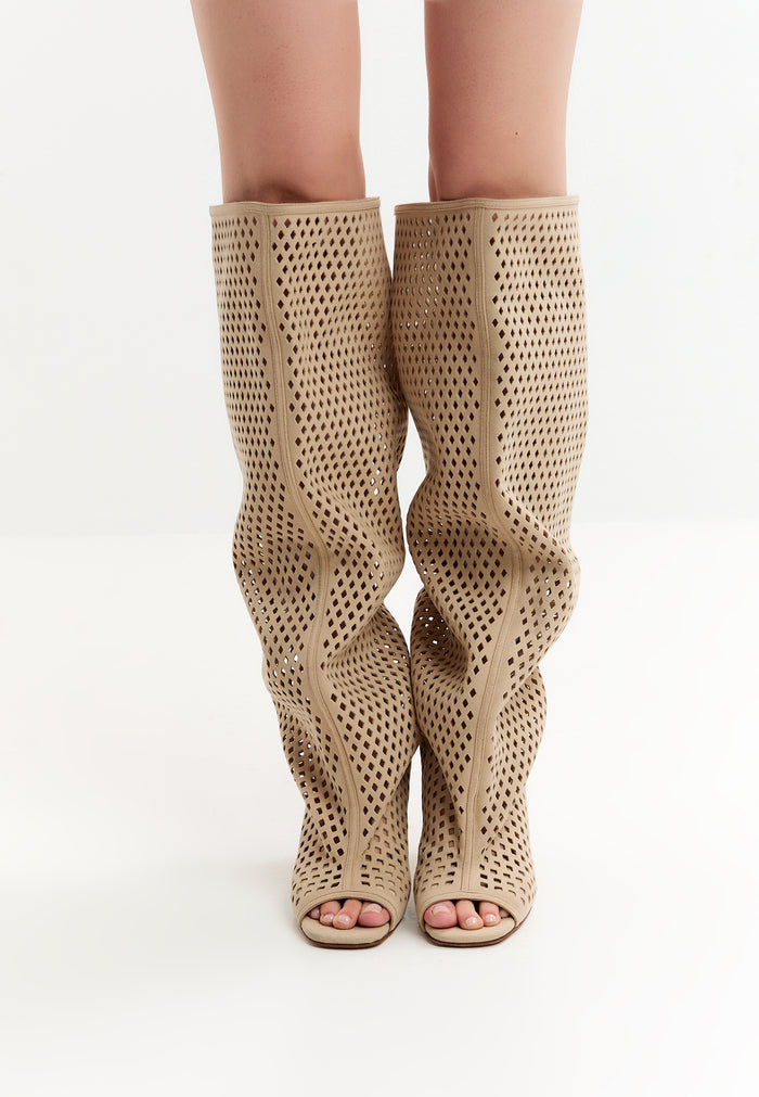 Perforated Knee-High Boots – Beige