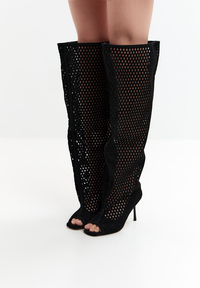 Perforated Knee-High Boots – Black
