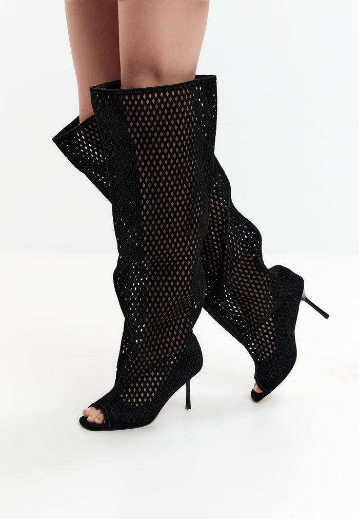 Perforated Knee-High Boots – Black