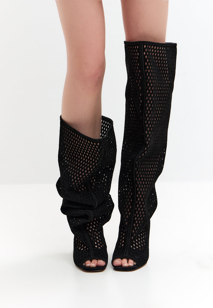Perforated Knee-High Boots – Black
