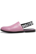 Fashionable pink perforated leather slingback mules for women.