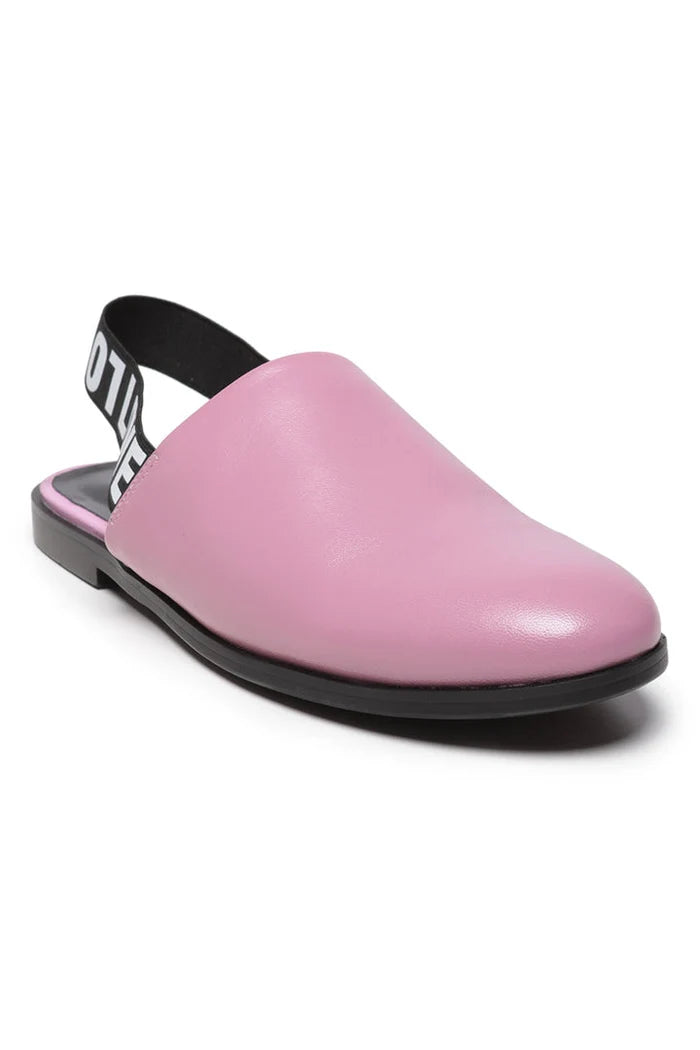 A trendy pair of fashionable pink leather slingback mules with perforated details, perfect for women's fashion.