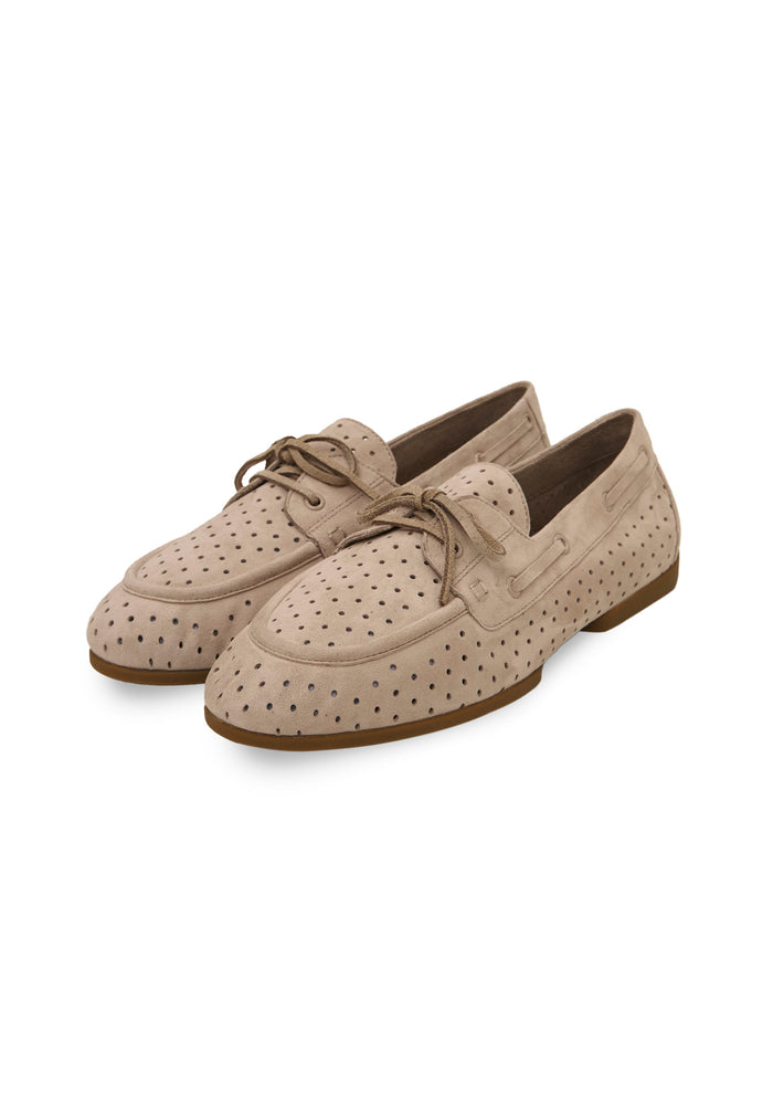 Perforated Suede Drive Loafers – Beige