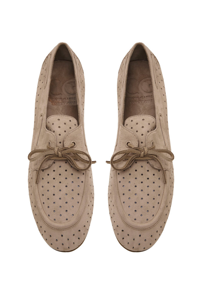 Perforated Suede Drive Loafers – Beige