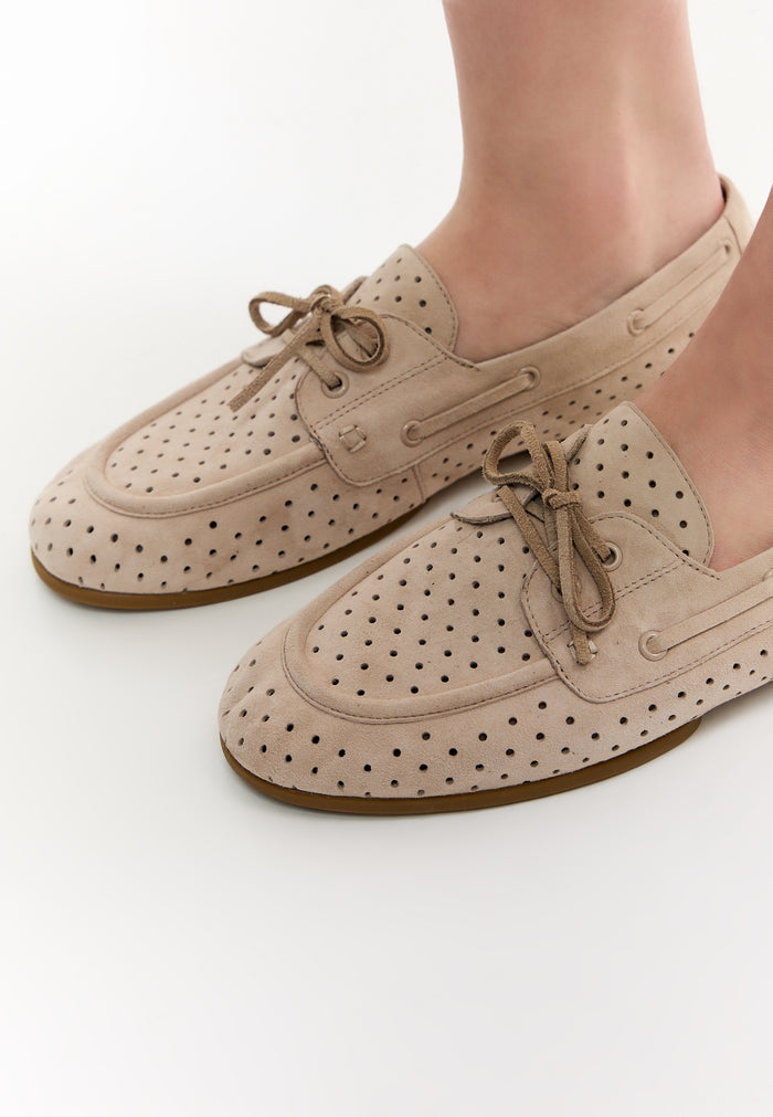 Perforated Suede Drive Loafers – Beige