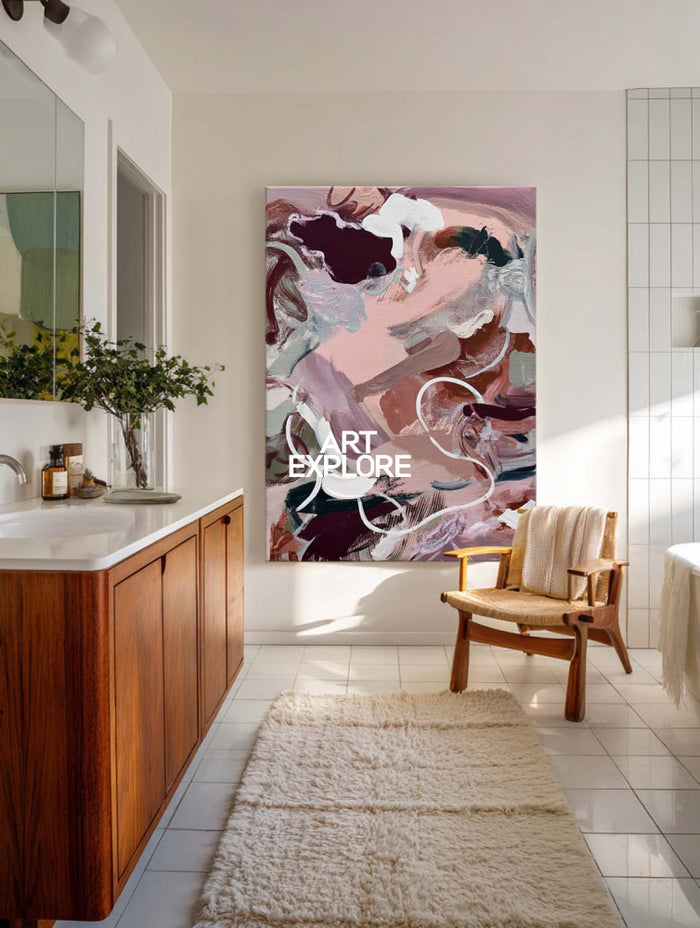 Modern Pink Abstract Painting Vertical Canvas Wall Art For Contemporary Living Room Decor